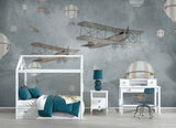 Tapet Personalizat Micii Exploratori cu avioane si baloane cu aer cald pe fundal gri - BIPLANE & BALLOONS GREY