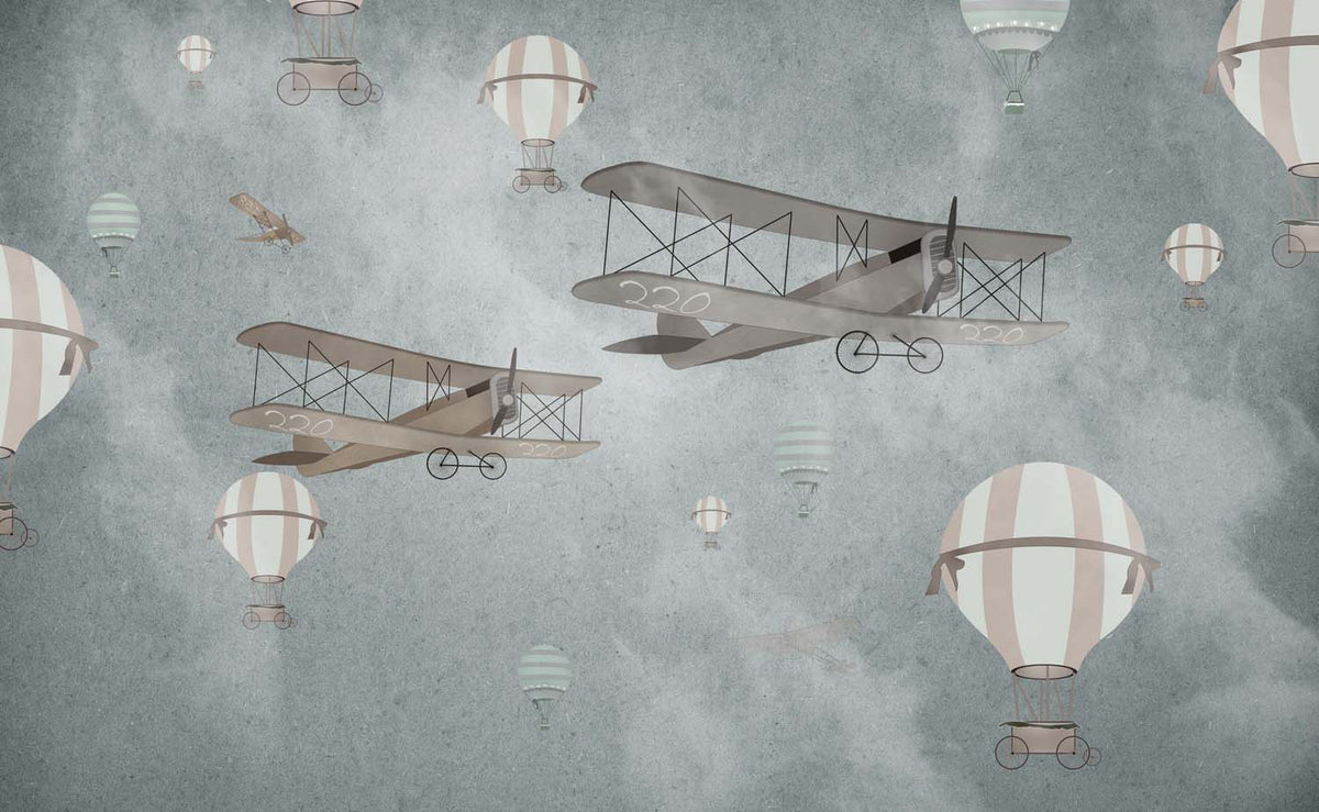 Tapet Personalizat Micii Exploratori cu avioane si baloane cu aer cald pe fundal gri - BIPLANE & BALLOONS GREY