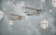 Tapet Personalizat Micii Exploratori cu avioane si baloane cu aer cald pe fundal gri - BIPLANE & BALLOONS GREY