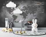 Tapet Personalizat Micii Exploratori cu harta lumii in nuante de gri inchis negru - DARK GREY MAP