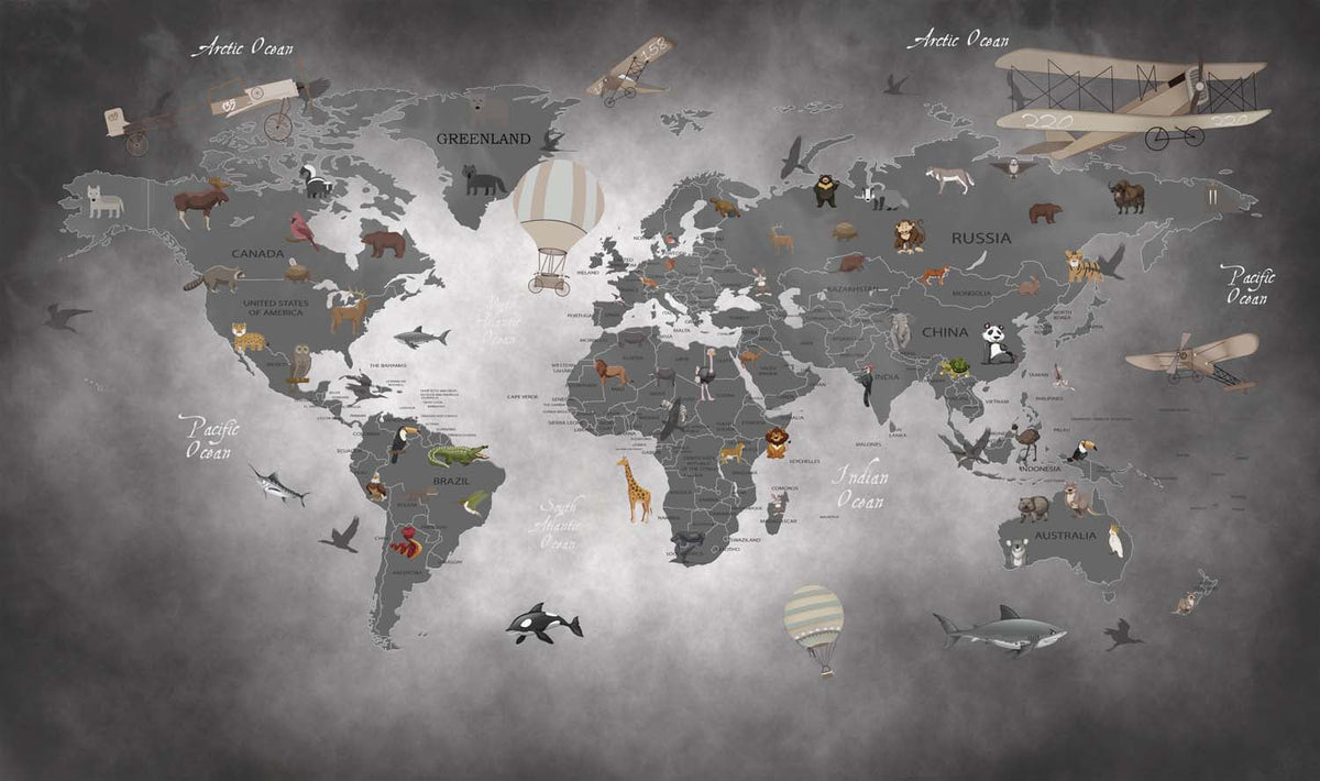 Tapet Personalizat Micii Exploratori cu harta lumii in nuante de gri inchis negru - DARK GREY MAP