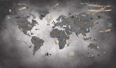 Tapet Personalizat Micii Exploratori cu harta lumii in nuante de gri inchis negru - DARK GREY MAP