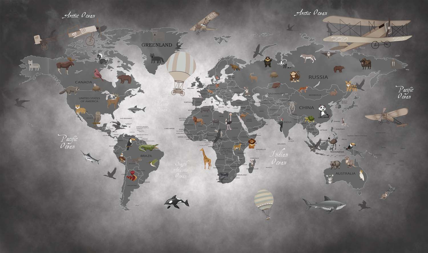 Tapet Personalizat Micii Exploratori cu harta lumii in nuante de gri inchis negru - DARK GREY MAP