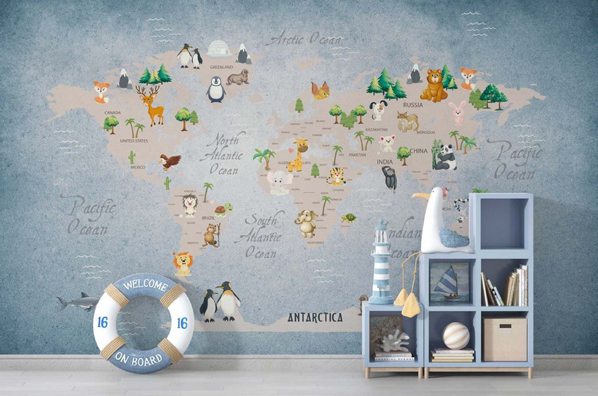 Tapet Personalizat Micii Exploratori cu harta lumii pentru copii cu animale si vegetatie pe fundal albastru - BLUE ANIMALS MAP