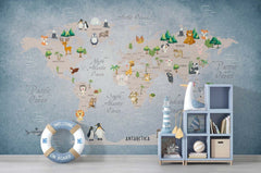 Tapet Personalizat Micii Exploratori cu harta lumii pentru copii cu animale si vegetatie pe fundal albastru - BLUE ANIMALS MAP