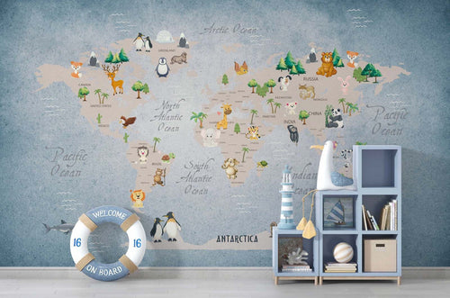 Tapet Personalizat Micii Exploratori cu harta lumii pentru copii cu animale si vegetatie pe fundal albastru - BLUE ANIMALS MAP