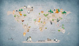 Tapet Personalizat Micii Exploratori cu harta lumii pentru copii cu animale si vegetatie pe fundal albastru - BLUE ANIMALS MAP