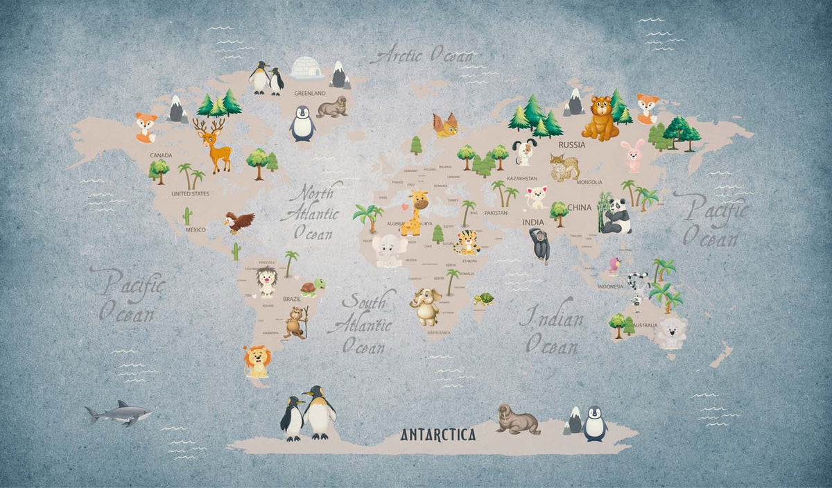 Tapet Personalizat Micii Exploratori cu harta lumii pentru copii cu animale si vegetatie pe fundal albastru - BLUE ANIMALS MAP