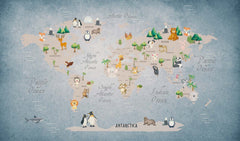 Tapet Personalizat Micii Exploratori cu harta lumii pentru copii cu animale si vegetatie pe fundal albastru - BLUE ANIMALS MAP