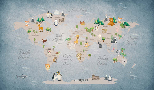 Tapet Personalizat Micii Exploratori cu harta lumii pentru copii cu animale si vegetatie pe fundal albastru - BLUE ANIMALS MAP