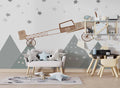 Tapet Personalizat Micii Exploratori cu avion peste varfuri de munti si cer instelat - STARRY PEAKS PLANE