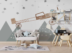 Tapet Personalizat Micii Exploratori cu avion peste varfuri de munti si cer instelat - STARRY PEAKS PLANE