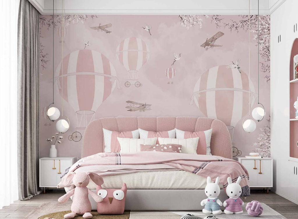 Tapet Personalizat Micii Exploratori cu baloane cu aer cald roz - CHERRY PINK BALLOONS