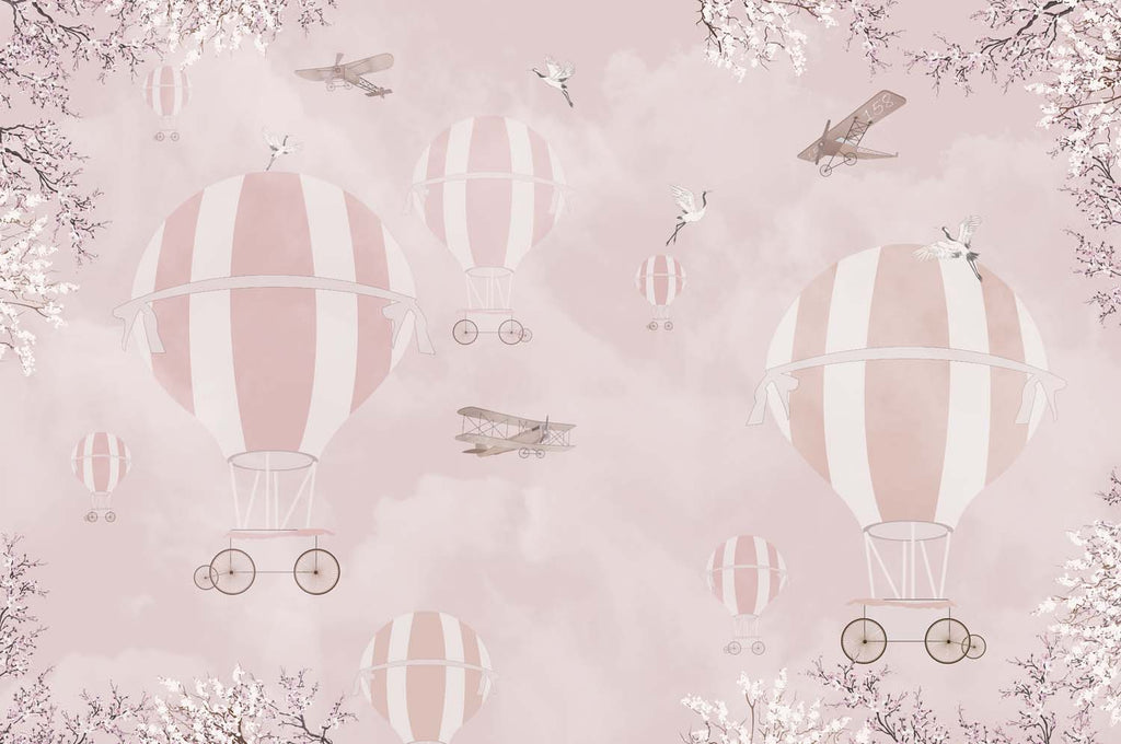Tapet Personalizat Micii Exploratori cu baloane cu aer cald roz - CHERRY PINK BALLOONS