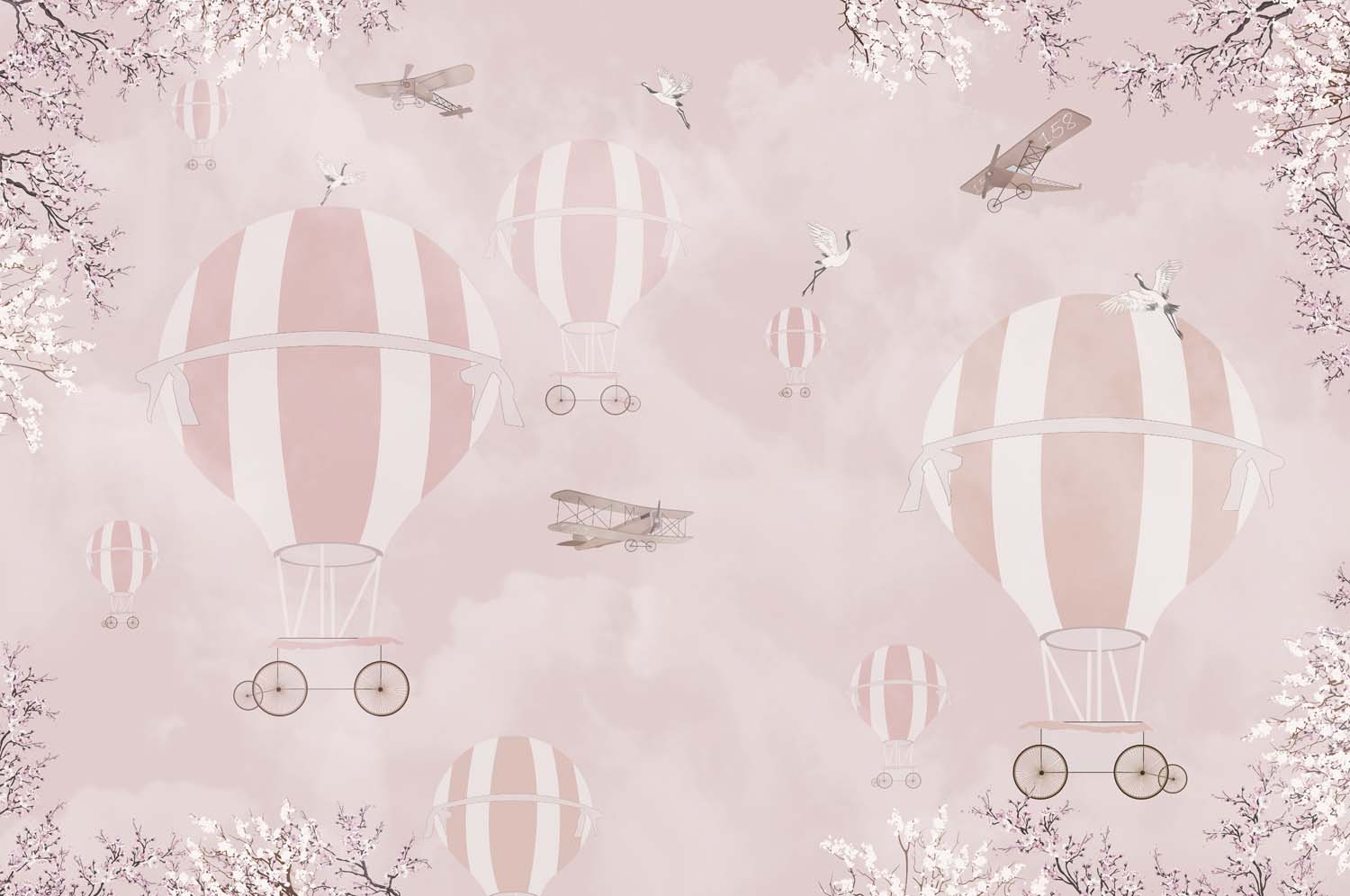 Tapet Personalizat Micii Exploratori cu baloane cu aer cald roz - CHERRY PINK BALLOONS