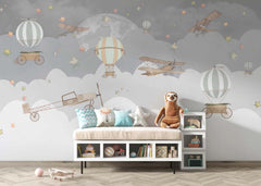 Tapet Personalizat Micii Exploratori cu avioane si baloane cu aer cald pe cerul instelat noaptea - MIDNIGHT FLIGHT
