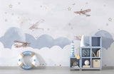 Tapet Personalizat Micii Exploratori cu avioane si baloane cu aer cald pe cerul instelat alb - WINTER NIGHT PLANES