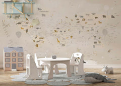 Tapet Personalizat Micii Exploratori cu harta lumii bej cu animale - BEIGE ANIMAL MAP