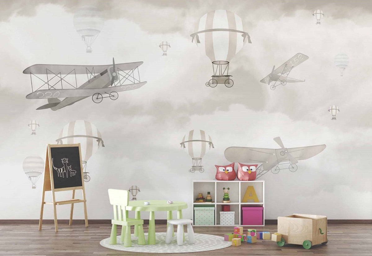 Tapet Personalizat Micii Exploratori cu avioane si baloane cu aer cald pe cerul gri - GREY SKIES PLANES