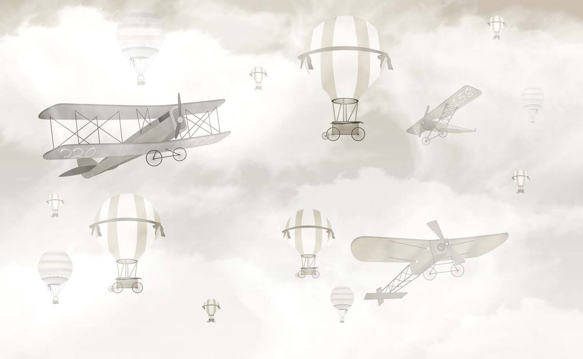 Tapet Personalizat Micii Exploratori cu avioane si baloane cu aer cald pe cerul gri - GREY SKIES PLANES