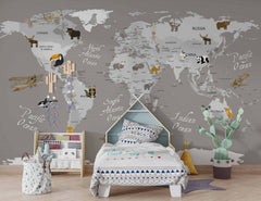 Tapet Personalizat Micii Exploratori cu harta lumii cu animale pe fundal gri inchis - GREY & ORANGE MAP