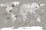 Tapet Personalizat Micii Exploratori cu harta lumii cu animale pe fundal gri inchis - GREY & ORANGE MAP