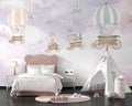 Tapet Personalizat Micii Exploratori cu animale calatorind in baloane cu aer cald pe fundal roz-mov - FAIRYTALE TRAVELS