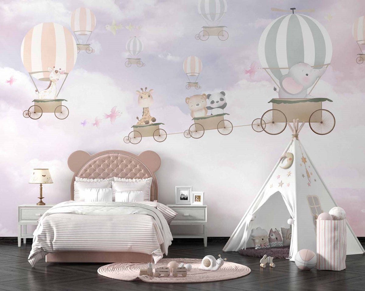 Tapet Personalizat Micii Exploratori cu animale calatorind in baloane cu aer cald pe fundal roz-mov - FAIRYTALE TRAVELS
