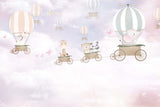 Tapet Personalizat Micii Exploratori cu animale calatorind in baloane cu aer cald pe fundal roz-mov - FAIRYTALE TRAVELS