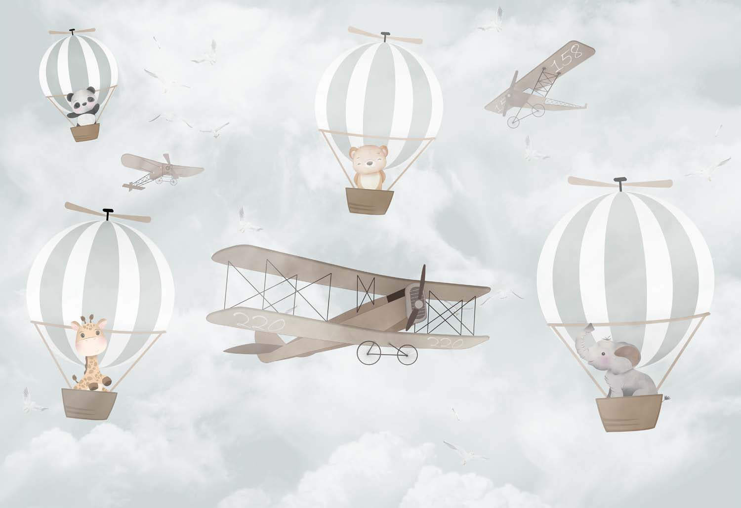 Tapet Personalizat Micii Exploratori cu baloane cu aer cald, avioane si animale in nunante de gri deschis - CALM WEATHER TRAVELS