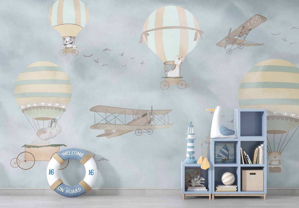 Tapet Personalizat Micii Exploratori cu baloane cu aer cald, avioane si animale in nunante de albastru gri  - CALM WEATHER TRAVELS II