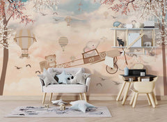Tapet Personalizat Micii Exploratori cu animale in avion in peisaj cald de primavara - WARM SPRING FLIGHT
