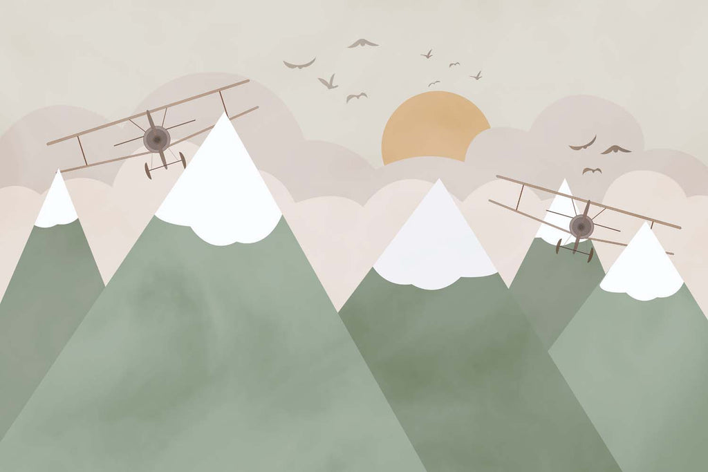 Tapet Personalizat Micii Exploratori cu avioane zburand peste muntii verzi la apus - GREEN MOUNTAINS