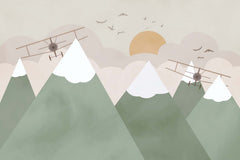 Tapet Personalizat Micii Exploratori cu avioane zburand peste muntii verzi la apus - GREEN MOUNTAINS