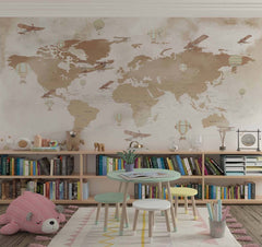 Tapet Personalizat Micii Exploratori cu harta lumii pentru copii in nuante de maro - SEPIA PLANE MAP