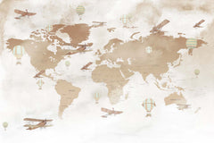 Tapet Personalizat Micii Exploratori cu harta lumii pentru copii in nuante de maro - SEPIA PLANE MAP