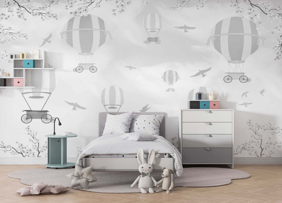 Tapet Personalizat Micii Exploratori cu baloane cu aer cald in nuante de gri - GREY SPRING BALLONS