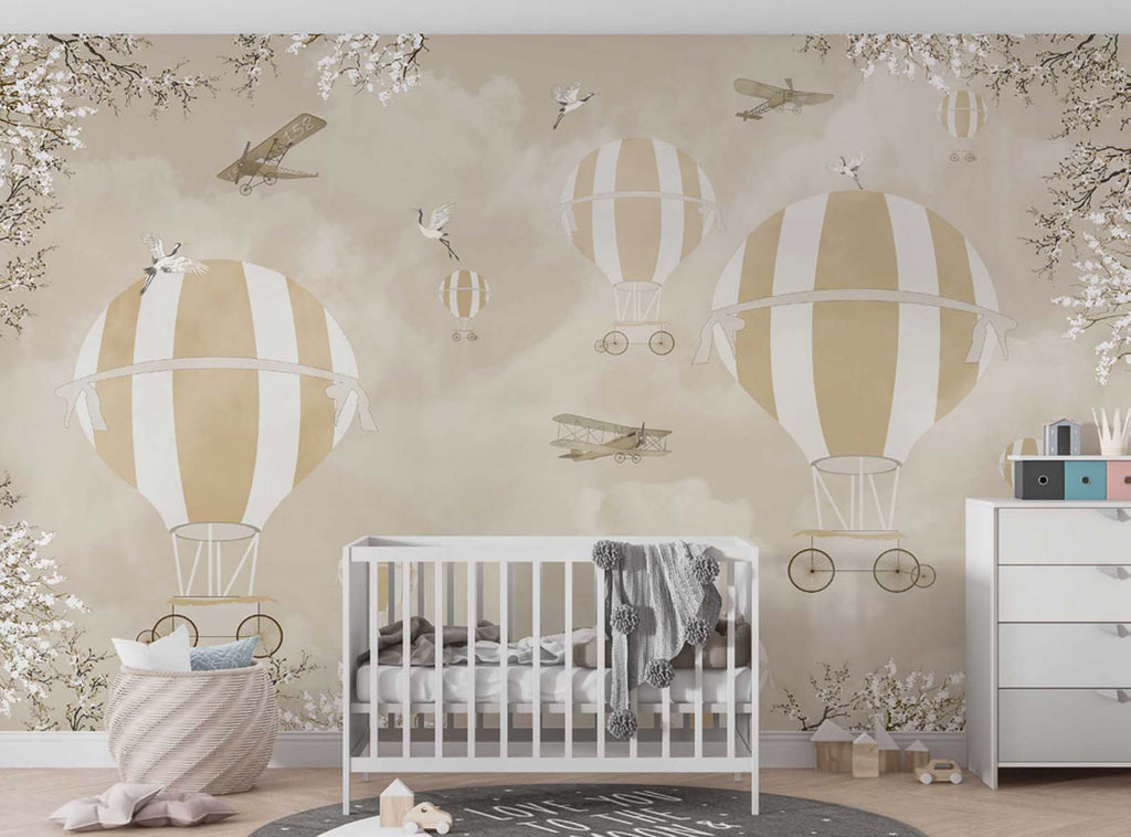 Tapet Personalizat Micii Exploratori cu baloane cu aer cald in nuante sepia - SEPIA SPRING BALLONS