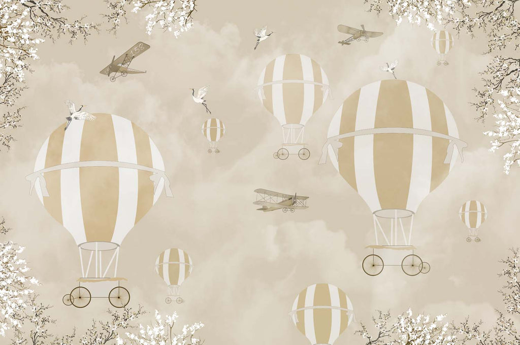 Tapet Personalizat Micii Exploratori cu baloane cu aer cald in nuante sepia - SEPIA SPRING BALLONS