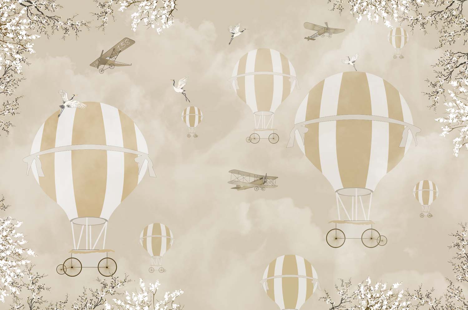 Tapet Personalizat Micii Exploratori cu baloane cu aer cald in nuante sepia - SEPIA SPRING BALLONS