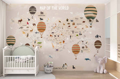 Tapet Personalizat Micii Exploratori cu harta lumii pentru copii cu baloane cu aer cald vintage - HOT AIR BALLOON MAP