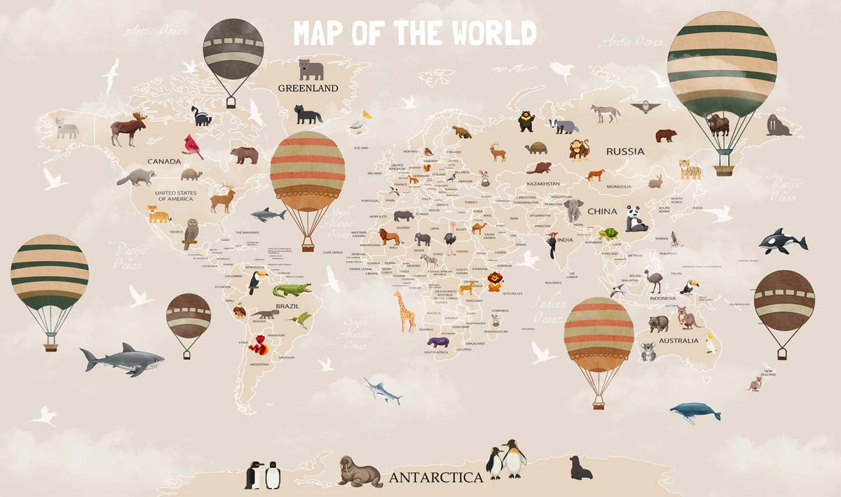 Tapet Personalizat Micii Exploratori cu harta lumii pentru copii cu baloane cu aer cald vintage - HOT AIR BALLOON MAP