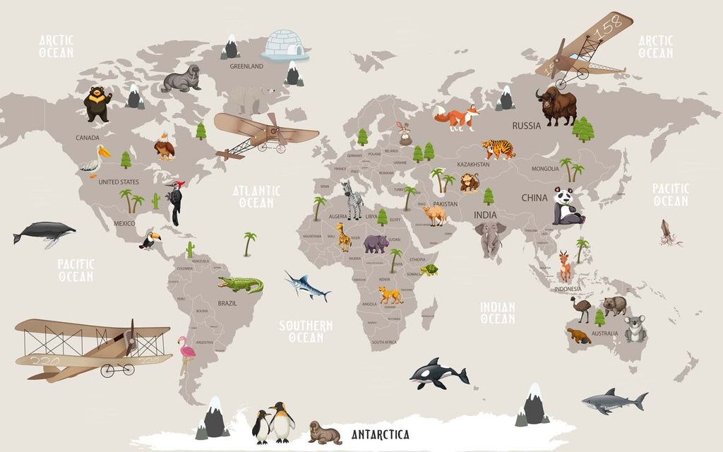 Tapet Personalizat Micii Exploratori cu harta lumii pentru copii cu avioane si animale - OVER THE WORLD MAP