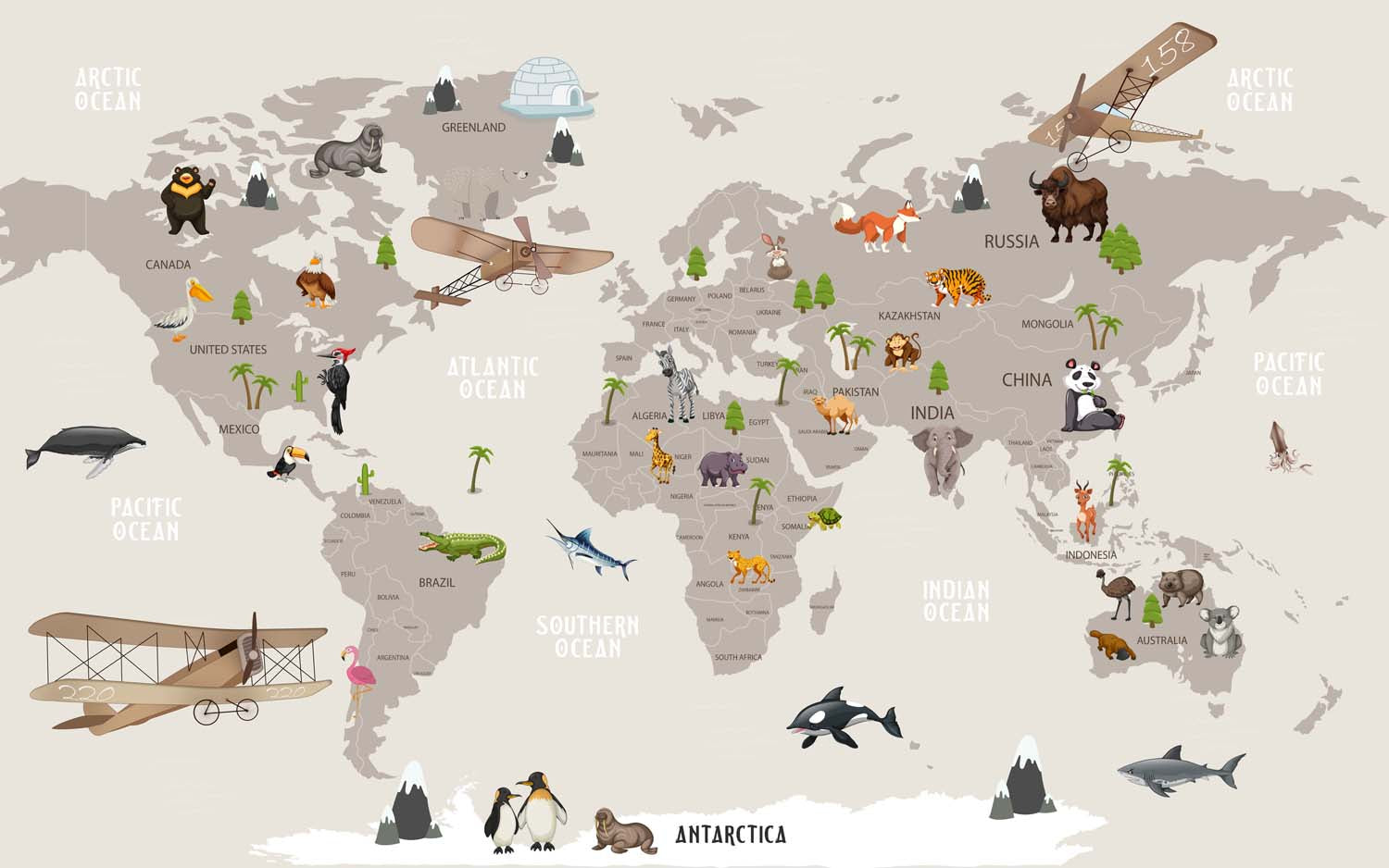 Tapet Personalizat Micii Exploratori cu harta lumii pentru copii cu avioane si animale - OVER THE WORLD MAP
