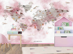 Tapet Personalizat Micii Exploratori cu harta lumii pentru copii texturata in nuante de roz - PINK TEXTURED MAP