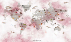 Tapet Personalizat Micii Exploratori cu harta lumii pentru copii texturata in nuante de roz - PINK TEXTURED MAP