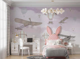 Tapet Personalizat Micii Exploratori cu avioane si baloane cu aer cald peste cerul mov - LIGHT PURPLE PLANES