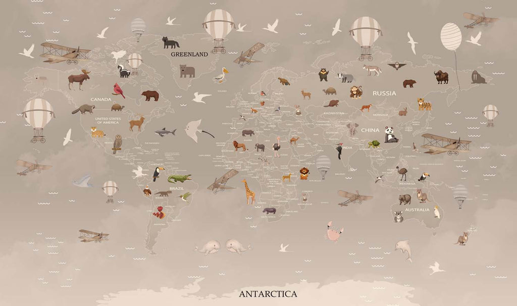 Tapet Personalizat Micii Exploratori cu harta lumii cu animale in nuante de bej - DARK BEIGE ANIMALS MAP