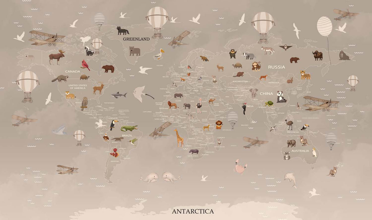 Tapet Personalizat Micii Exploratori cu harta lumii cu animale in nuante de bej - DARK BEIGE ANIMALS MAP