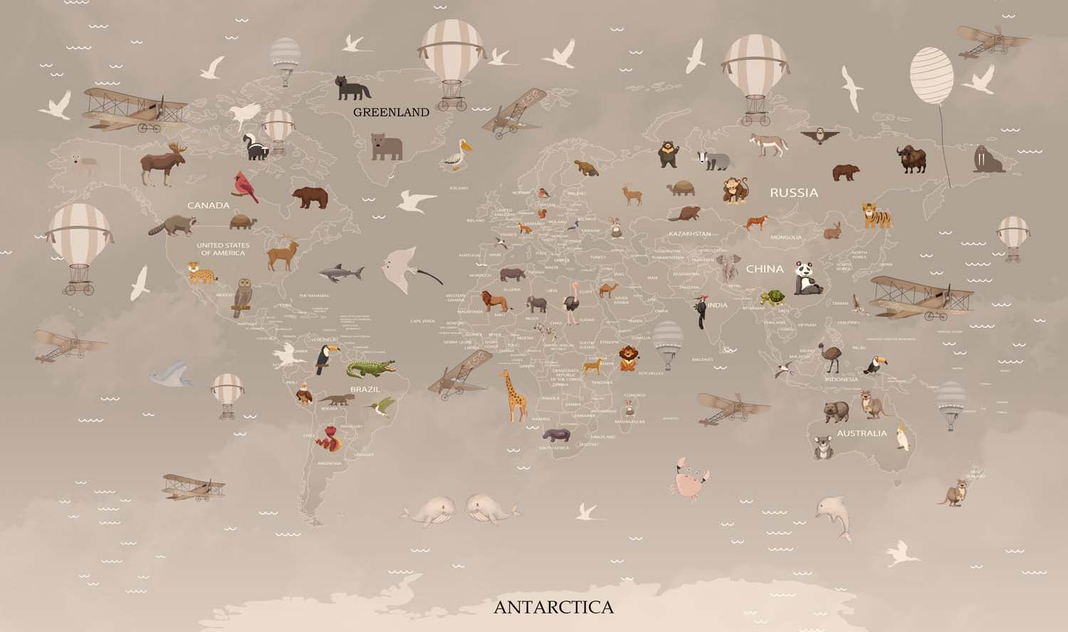 Tapet Personalizat Micii Exploratori cu harta lumii cu animale in nuante de bej - DARK BEIGE ANIMALS MAP